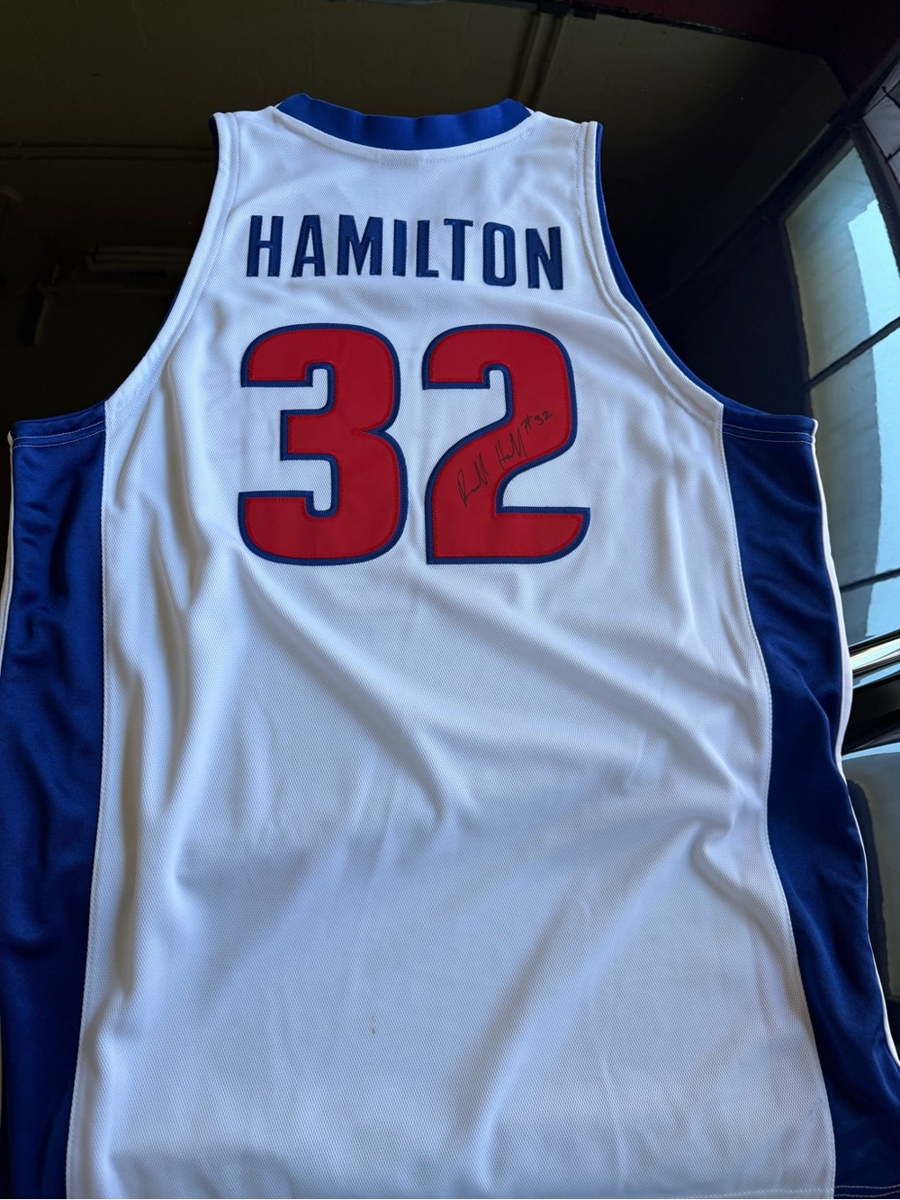 Signed Hamilton #32 White Basketball Jersey with Navy & Red